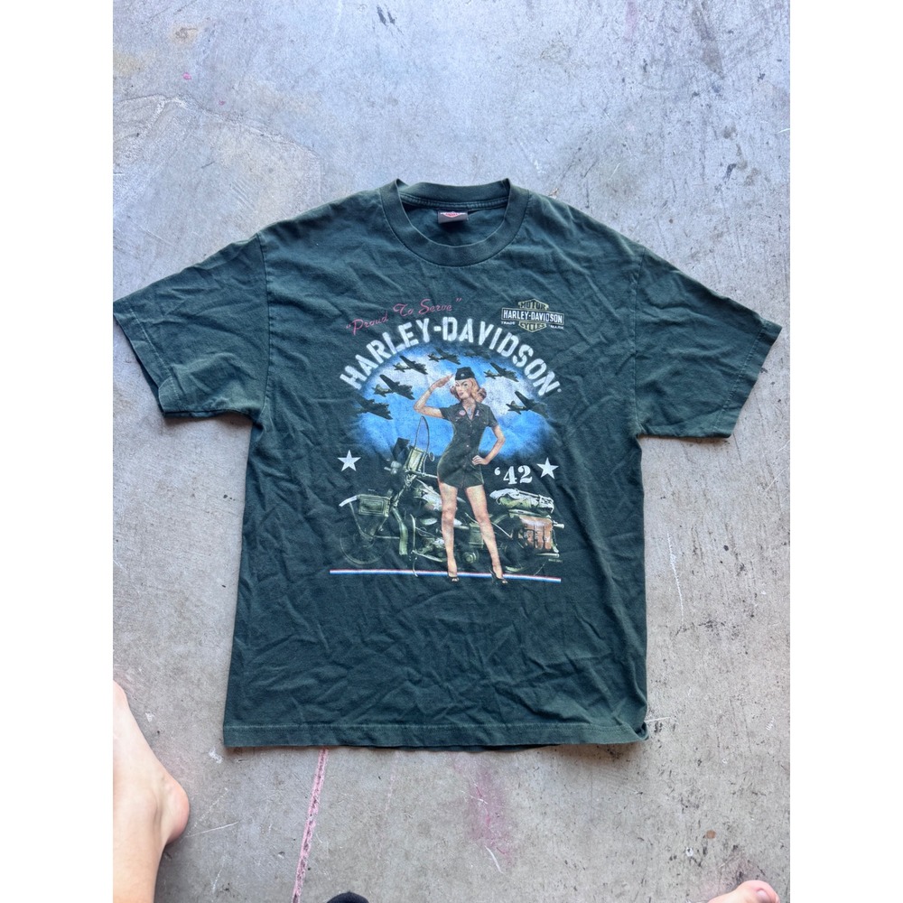 Harley-Davidson T-Shirt Large Green Pinup Girl Proud To Serve Rock Hill SC Tee